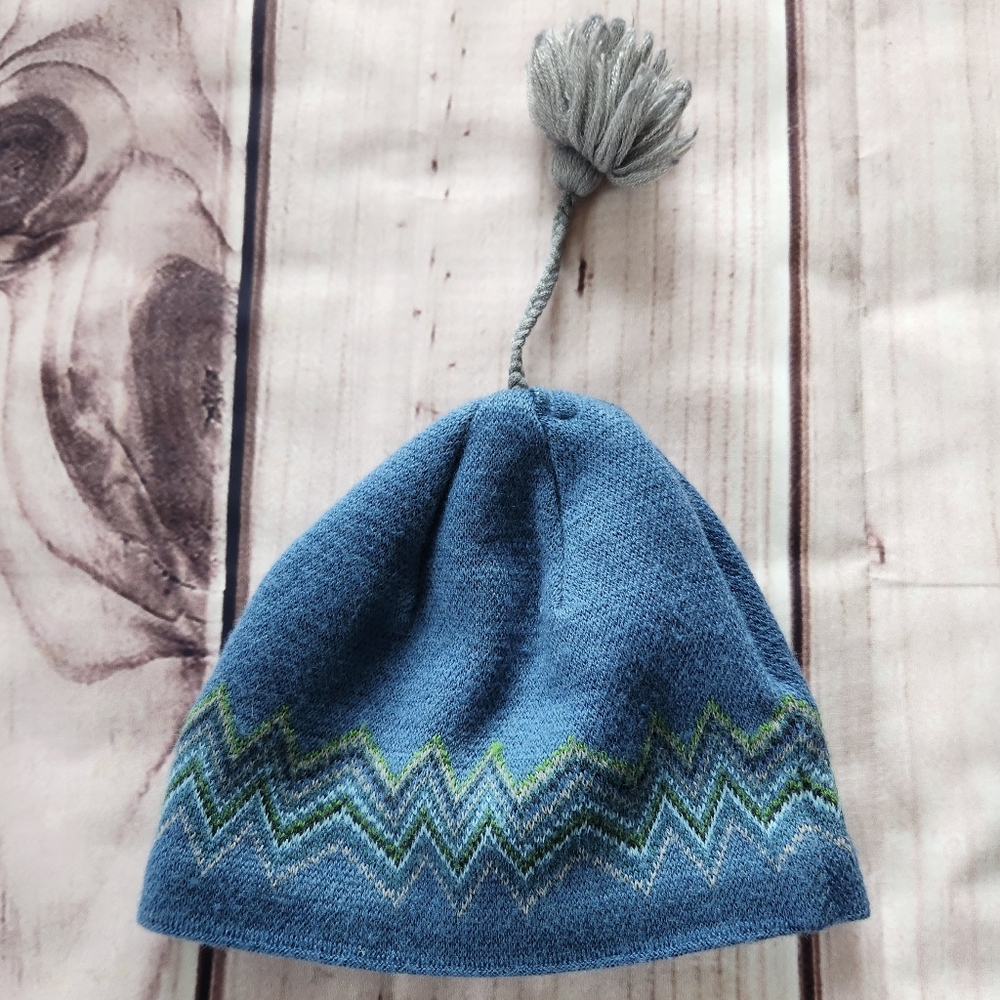 **SOLD** Patagonia Vintage Wool Blend Tassel Beanie Blue Green Pom Hat Unisex - Picture 3 of 8